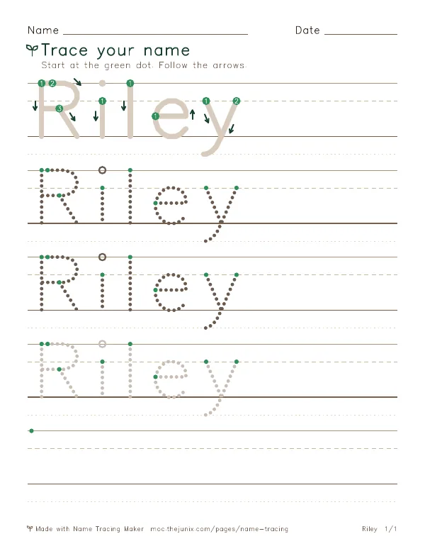 Page 1 of the Riley name tracing worksheet: Riley written six times in dotted letters on handwriting lines, with green start dots and numbered arrows on the first copy