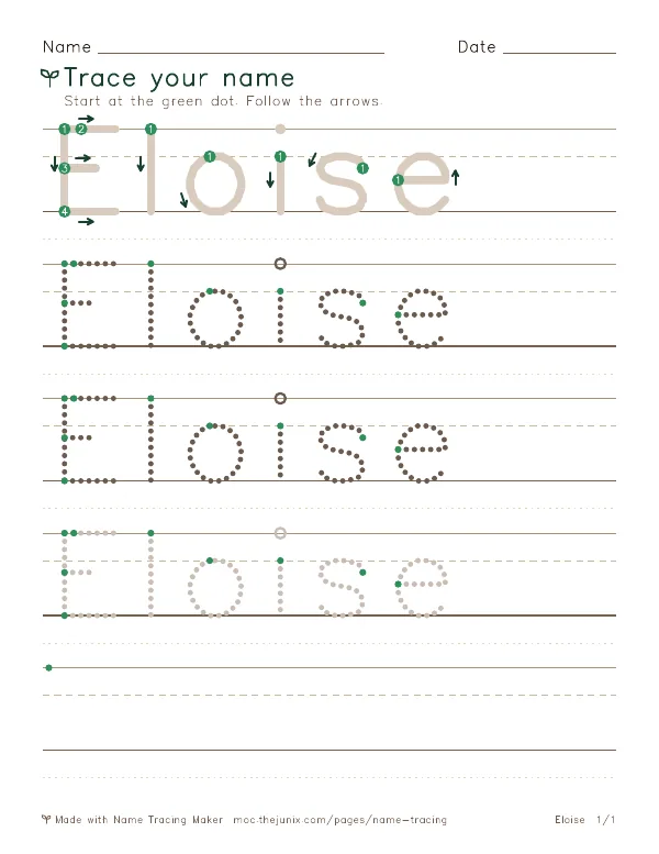 Page 1 of the Eloise name tracing worksheet: Eloise written six times in dotted letters on handwriting lines, with green start dots and numbered arrows on the first copy
