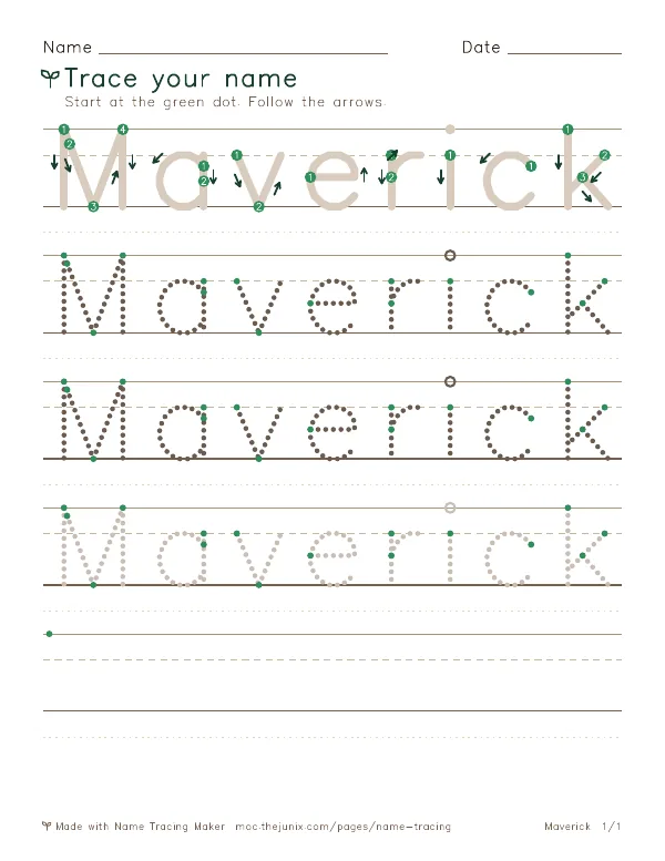 Page 1 of the Maverick name tracing worksheet: Maverick written six times in dotted letters on handwriting lines, with green start dots and numbered arrows on the first copy