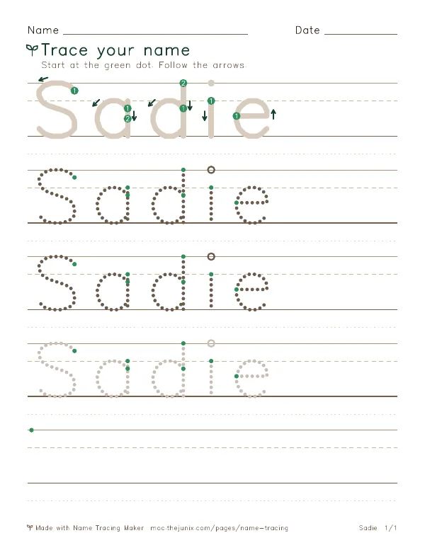 Page 1 of the Sadie name tracing worksheet: Sadie written six times in dotted letters on handwriting lines, with green start dots and numbered arrows on the first copy