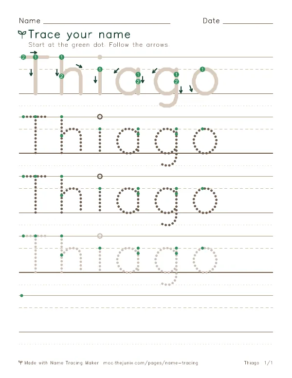 Page 1 of the Thiago name tracing worksheet: Thiago written six times in dotted letters on handwriting lines, with green start dots and numbered arrows on the first copy