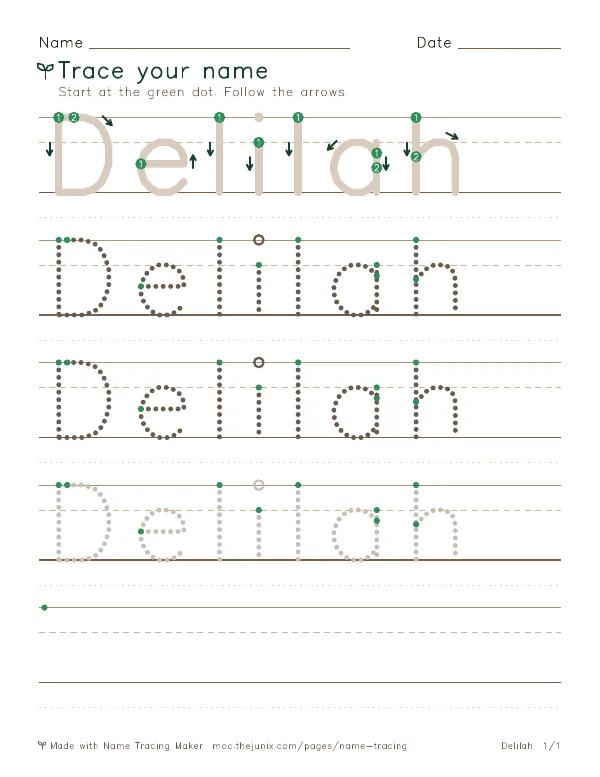 Page 1 of the Delilah name tracing worksheet: Delilah written six times in dotted letters on handwriting lines, with green start dots and numbered arrows on the first copy