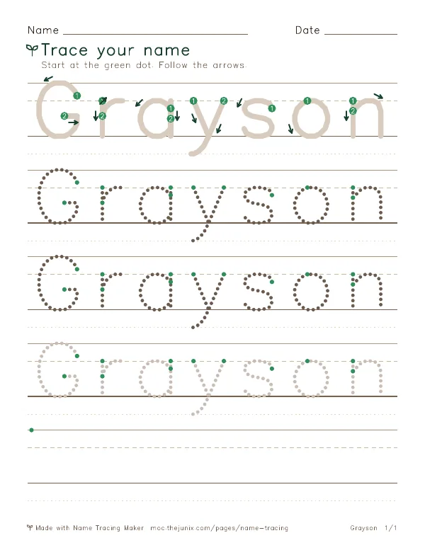 Page 1 of the Grayson name tracing worksheet: Grayson written six times in dotted letters on handwriting lines, with green start dots and numbered arrows on the first copy