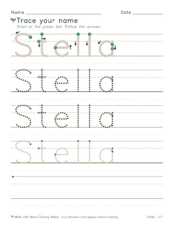 Page 1 of the Stella name tracing worksheet: Stella written six times in dotted letters on handwriting lines, with green start dots and numbered arrows on the first copy