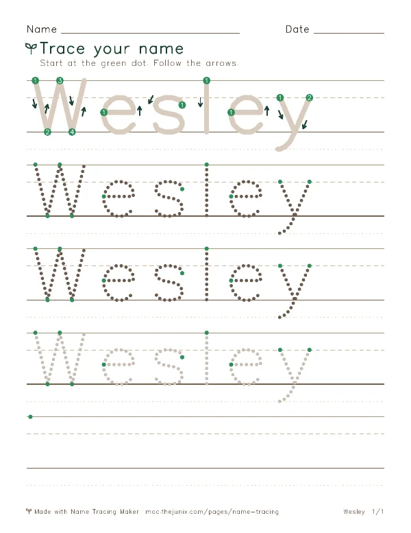 Page 1 of the Wesley name tracing worksheet: Wesley written six times in dotted letters on handwriting lines, with green start dots and numbered arrows on the first copy