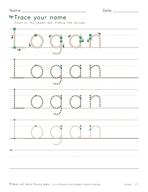 Page 1 of the Logan name tracing worksheet: Logan written six times in dotted letters on handwriting lines, with green start dots and numbered arrows on the first copy