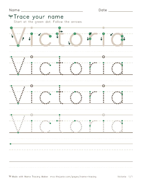 Page 1 of the Victoria name tracing worksheet: Victoria written six times in dotted letters on handwriting lines, with green start dots and numbered arrows on the first copy