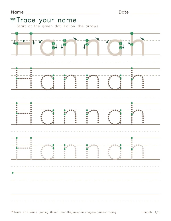 Page 1 of the Hannah name tracing worksheet: Hannah written six times in dotted letters on handwriting lines, with green start dots and numbered arrows on the first copy