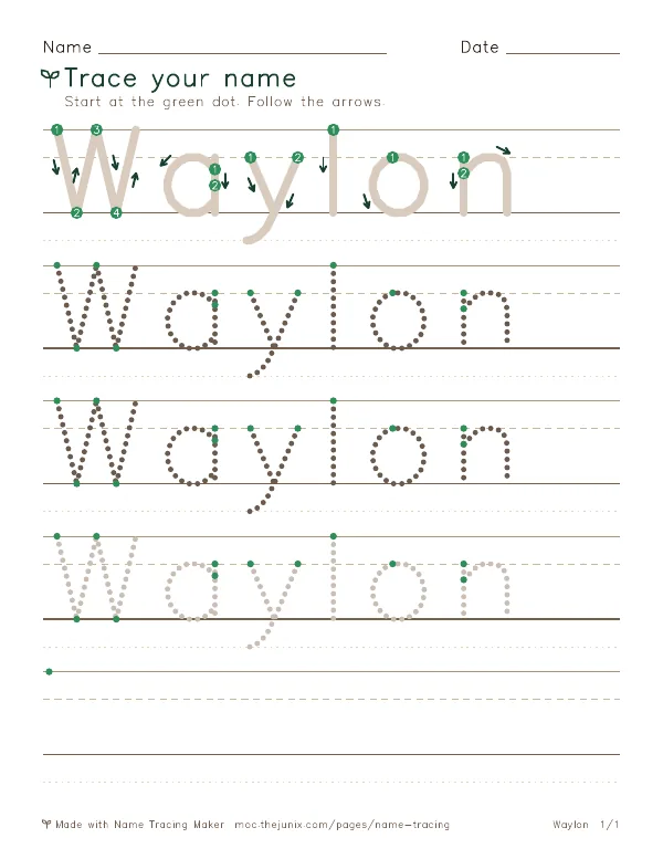 Page 1 of the Waylon name tracing worksheet: Waylon written six times in dotted letters on handwriting lines, with green start dots and numbered arrows on the first copy