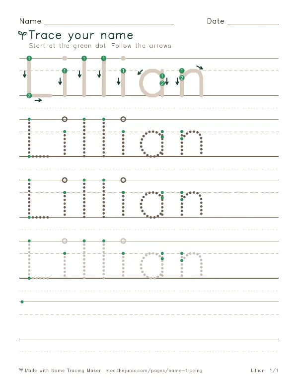 Page 1 of the Lillian name tracing worksheet: Lillian written six times in dotted letters on handwriting lines, with green start dots and numbered arrows on the first copy