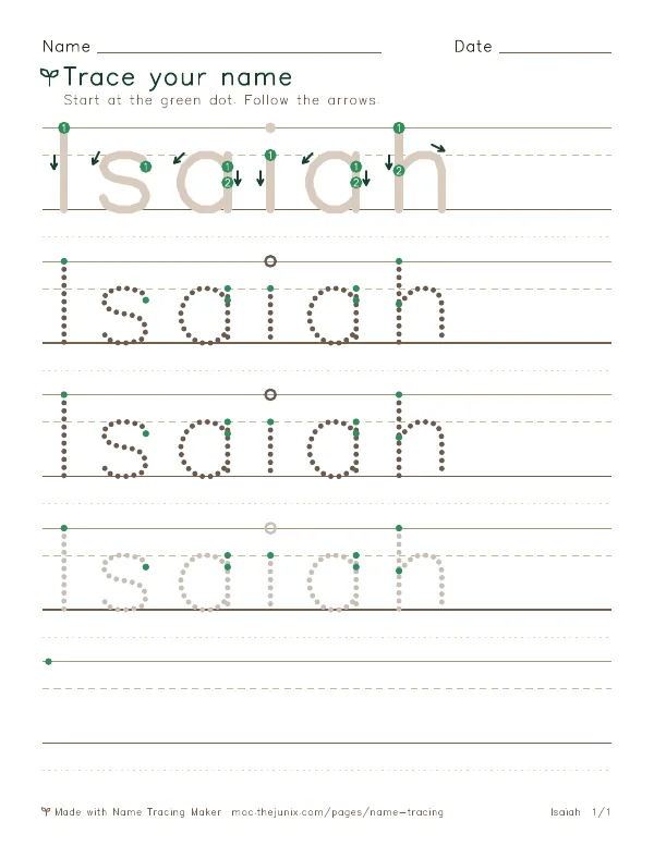 Page 1 of the Isaiah name tracing worksheet: Isaiah written six times in dotted letters on handwriting lines, with green start dots and numbered arrows on the first copy