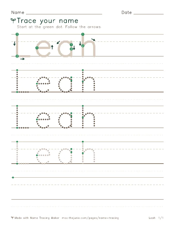 Page 1 of the Leah name tracing worksheet: Leah written six times in dotted letters on handwriting lines, with green start dots and numbered arrows on the first copy