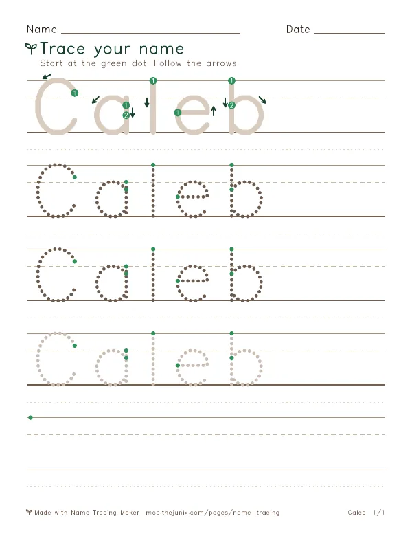 Page 1 of the Caleb name tracing worksheet: Caleb written six times in dotted letters on handwriting lines, with green start dots and numbered arrows on the first copy