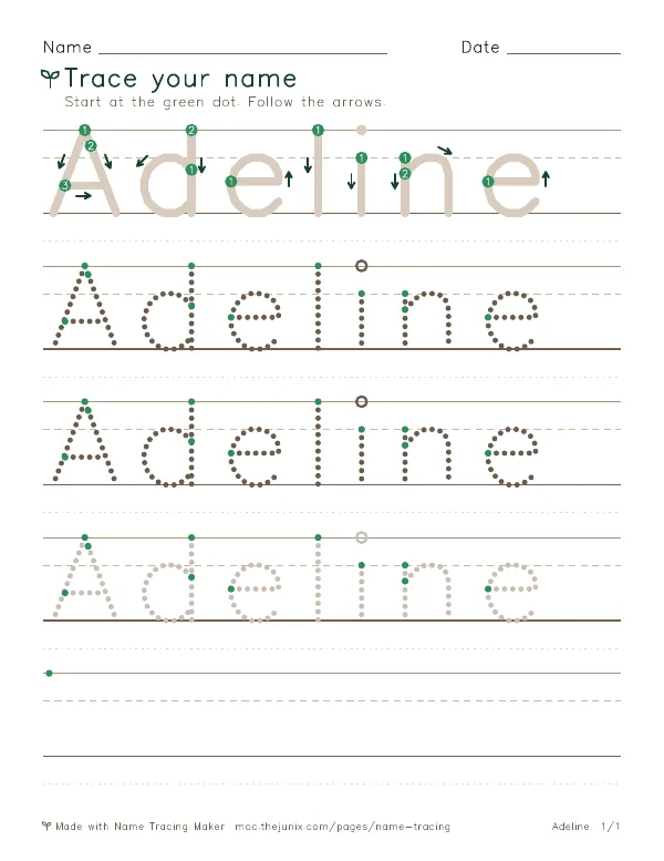 Page 1 of the Adeline name tracing worksheet: Adeline written six times in dotted letters on handwriting lines, with green start dots and numbered arrows on the first copy