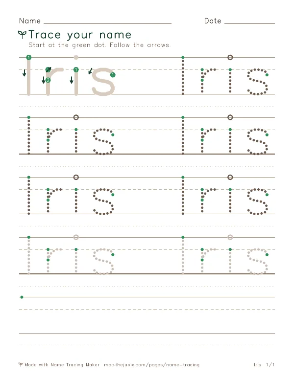 Page 1 of the Iris name tracing worksheet: Iris written six times in dotted letters on handwriting lines, with green start dots and numbered arrows on the first copy