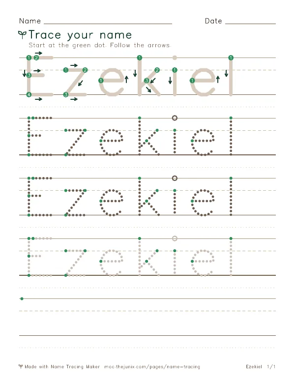 Page 1 of the Ezekiel name tracing worksheet: Ezekiel written six times in dotted letters on handwriting lines, with green start dots and numbered arrows on the first copy