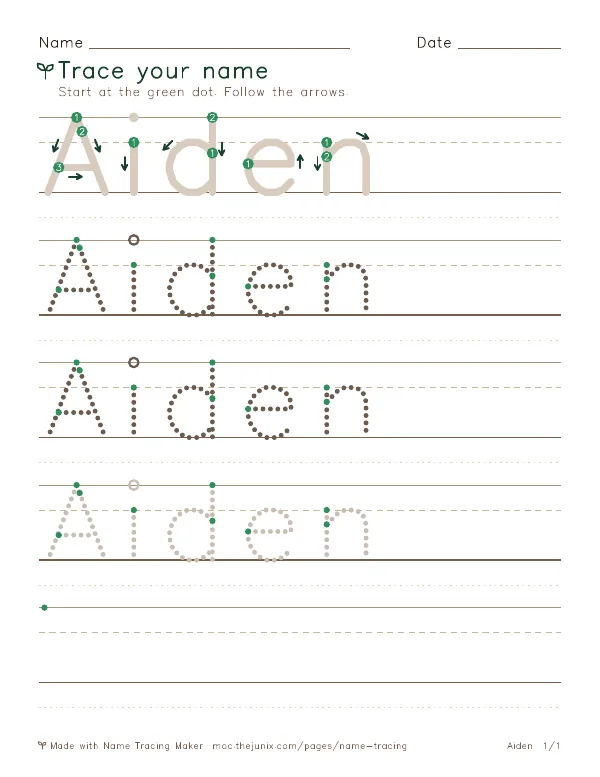 Page 1 of the Aiden name tracing worksheet: Aiden written six times in dotted letters on handwriting lines, with green start dots and numbered arrows on the first copy