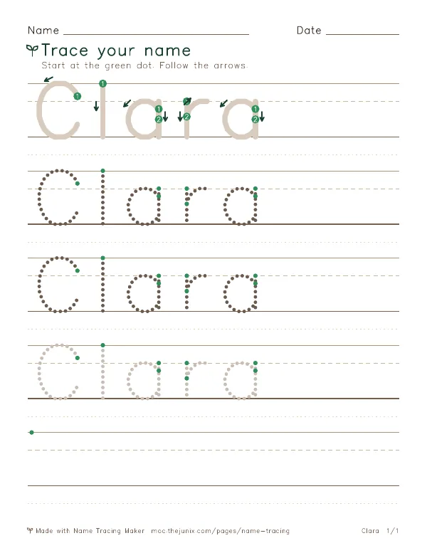 Page 1 of the Clara name tracing worksheet: Clara written six times in dotted letters on handwriting lines, with green start dots and numbered arrows on the first copy