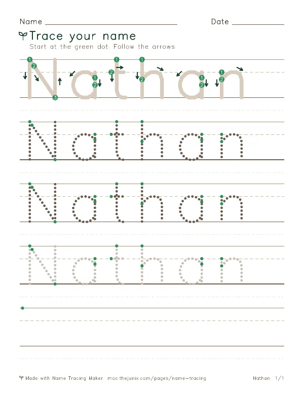 Page 1 of the Nathan name tracing worksheet: Nathan written six times in dotted letters on handwriting lines, with green start dots and numbered arrows on the first copy