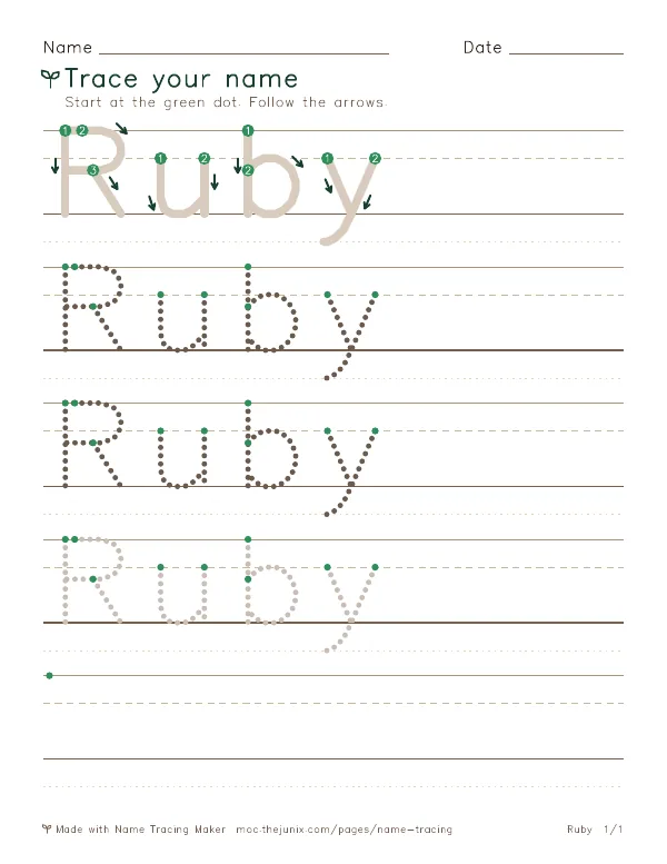 Page 1 of the Ruby name tracing worksheet: Ruby written six times in dotted letters on handwriting lines, with green start dots and numbered arrows on the first copy