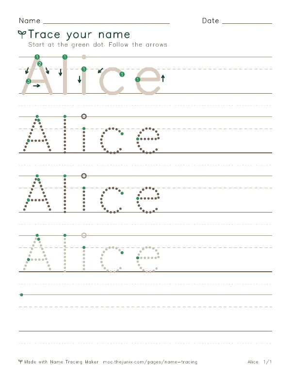 Page 1 of the Alice name tracing worksheet: Alice written six times in dotted letters on handwriting lines, with green start dots and numbered arrows on the first copy