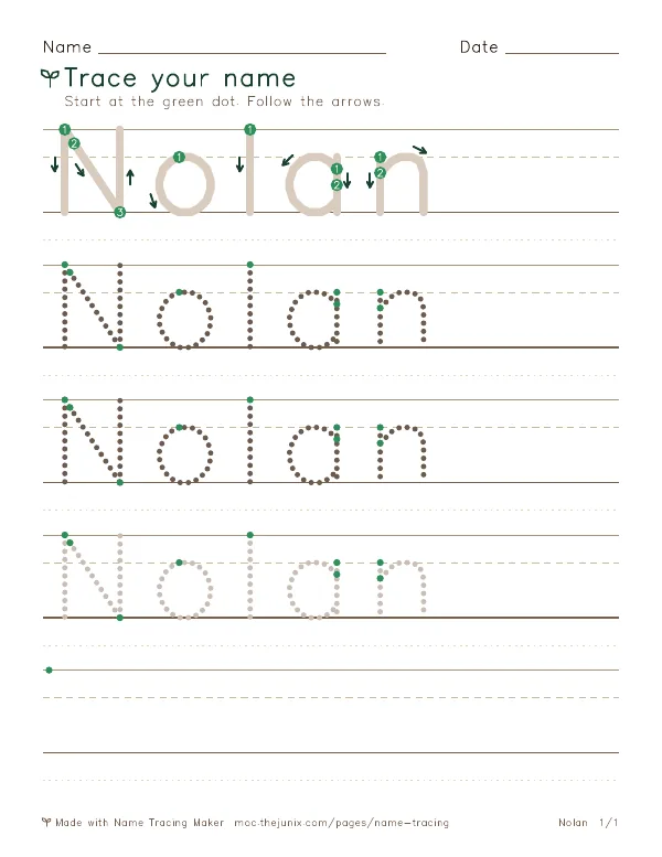 Page 1 of the Nolan name tracing worksheet: Nolan written six times in dotted letters on handwriting lines, with green start dots and numbered arrows on the first copy