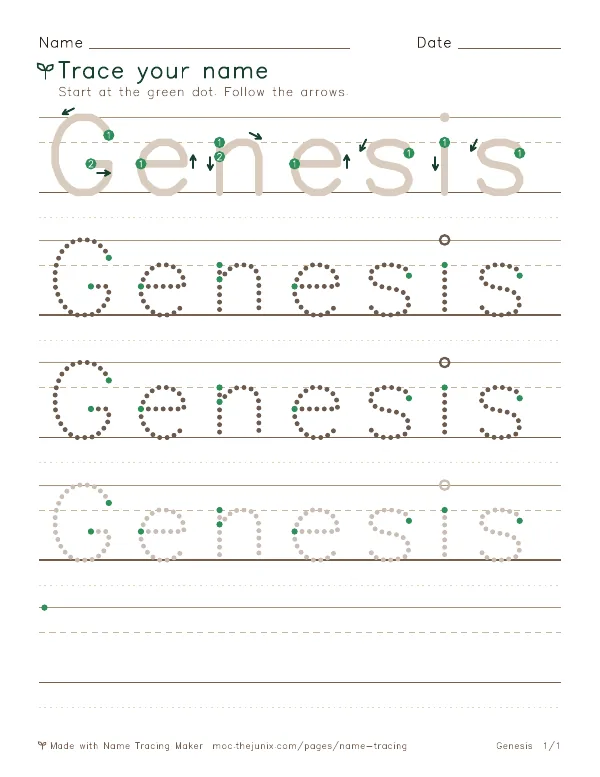 Page 1 of the Genesis name tracing worksheet: Genesis written six times in dotted letters on handwriting lines, with green start dots and numbered arrows on the first copy