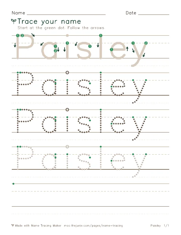 Page 1 of the Paisley name tracing worksheet: Paisley written six times in dotted letters on handwriting lines, with green start dots and numbered arrows on the first copy
