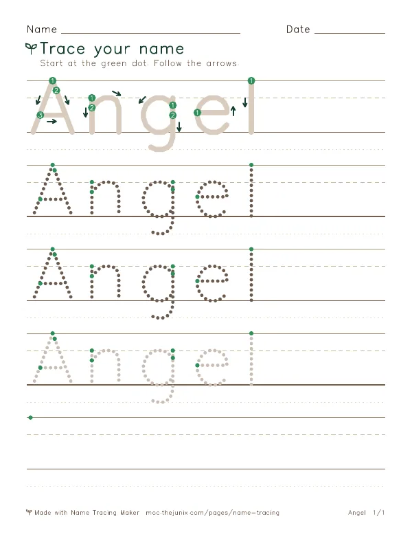 Page 1 of the Angel name tracing worksheet: Angel written six times in dotted letters on handwriting lines, with green start dots and numbered arrows on the first copy