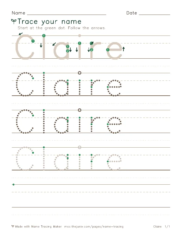 Page 1 of the Claire name tracing worksheet: Claire written six times in dotted letters on handwriting lines, with green start dots and numbered arrows on the first copy
