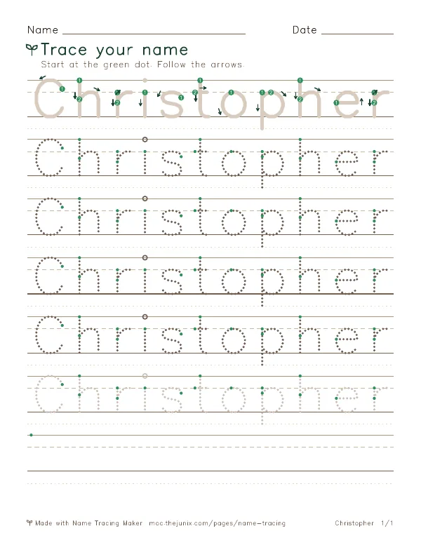 Page 1 of the Christopher name tracing worksheet: Christopher written six times in dotted letters on handwriting lines, with green start dots and numbered arrows on the first copy