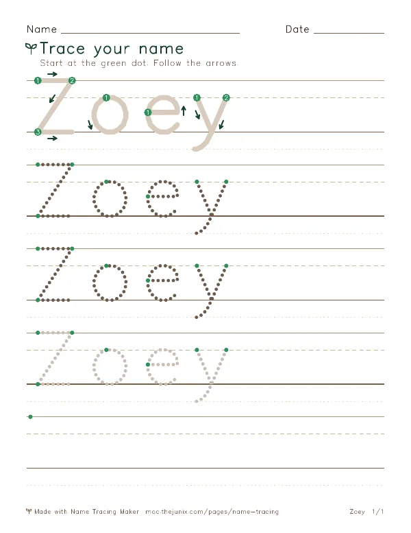 Page 1 of the Zoey name tracing worksheet: Zoey written six times in dotted letters on handwriting lines, with green start dots and numbered arrows on the first copy