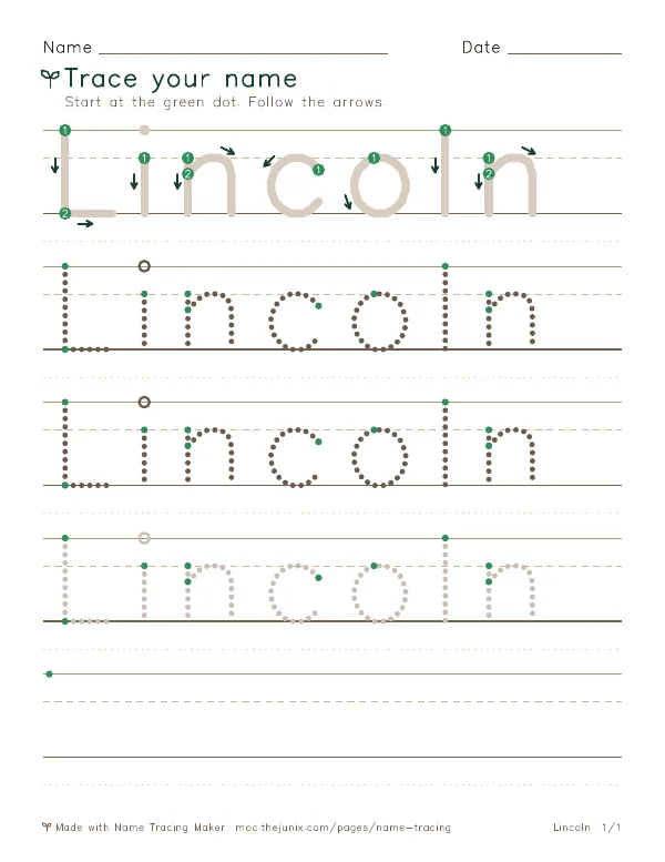 Page 1 of the Lincoln name tracing worksheet: Lincoln written six times in dotted letters on handwriting lines, with green start dots and numbered arrows on the first copy
