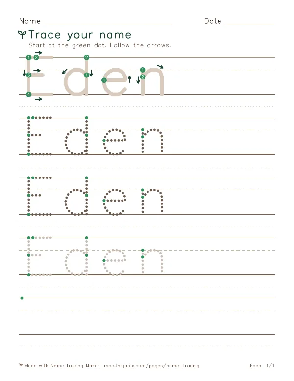 Page 1 of the Eden name tracing worksheet: Eden written six times in dotted letters on handwriting lines, with green start dots and numbered arrows on the first copy
