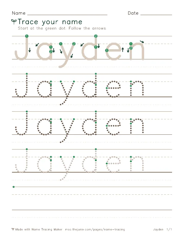 Page 1 of the Jayden name tracing worksheet: Jayden written six times in dotted letters on handwriting lines, with green start dots and numbered arrows on the first copy