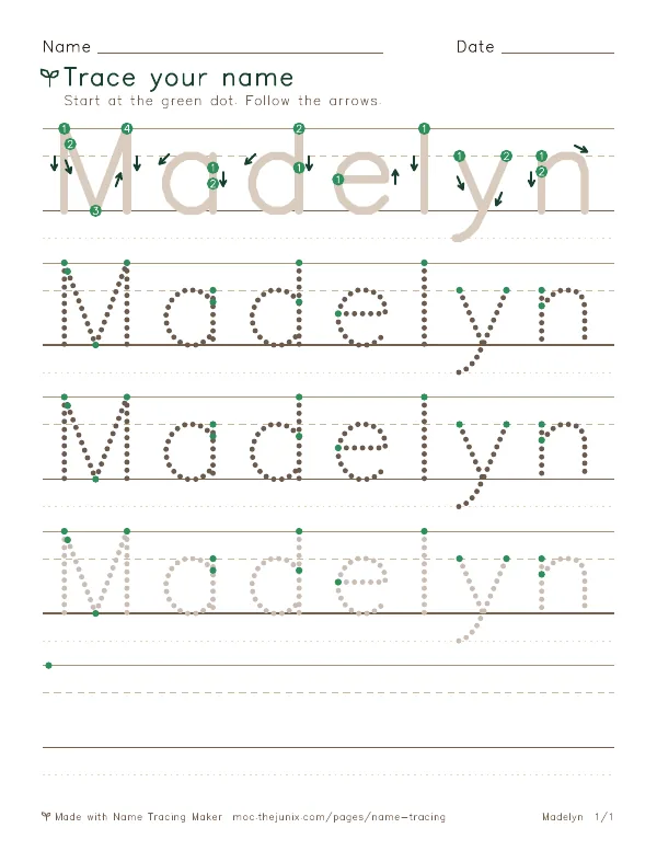 Page 1 of the Madelyn name tracing worksheet: Madelyn written six times in dotted letters on handwriting lines, with green start dots and numbered arrows on the first copy