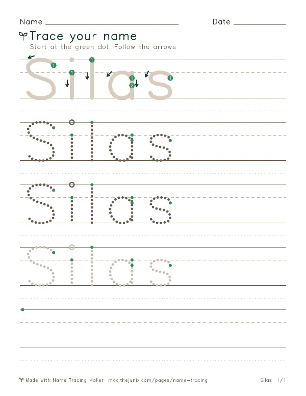 Page 1 of the Silas name tracing worksheet: Silas written six times in dotted letters on handwriting lines, with green start dots and numbered arrows on the first copy