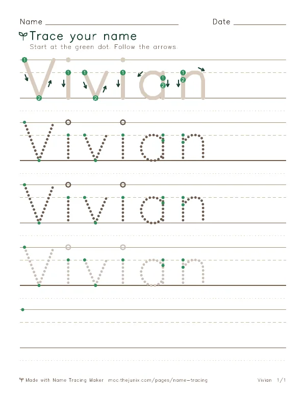 Page 1 of the Vivian name tracing worksheet: Vivian written six times in dotted letters on handwriting lines, with green start dots and numbered arrows on the first copy