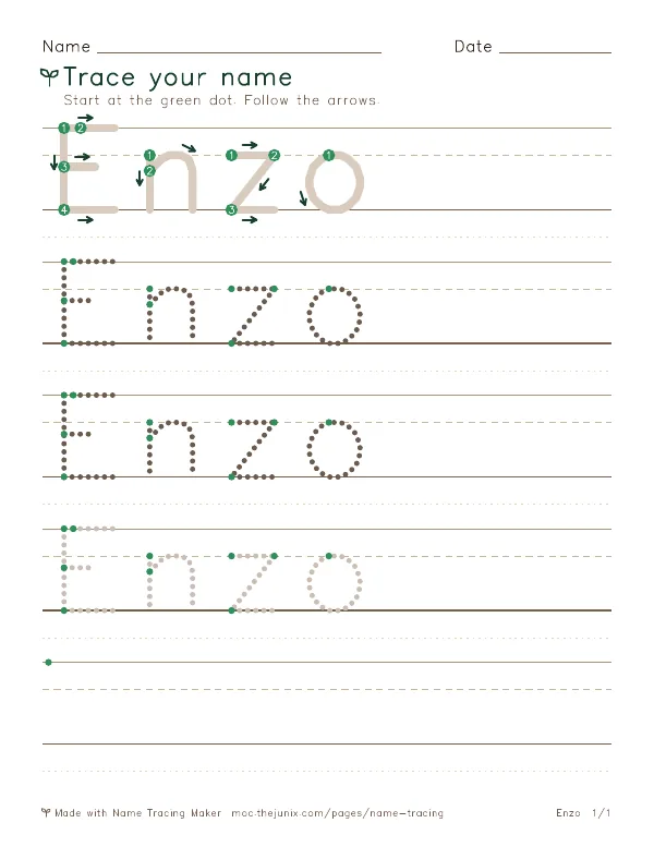Page 1 of the Enzo name tracing worksheet: Enzo written six times in dotted letters on handwriting lines, with green start dots and numbered arrows on the first copy