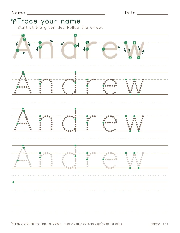 Page 1 of the Andrew name tracing worksheet: Andrew written six times in dotted letters on handwriting lines, with green start dots and numbered arrows on the first copy