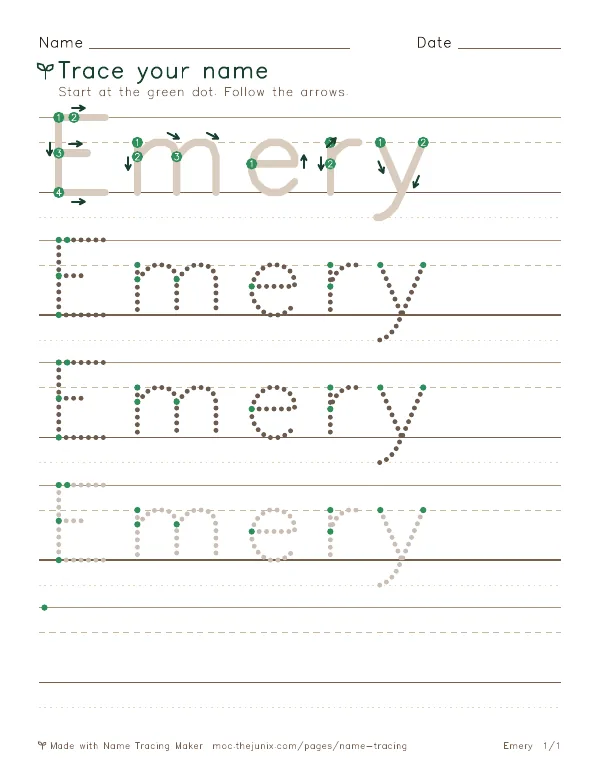 Page 1 of the Emery name tracing worksheet: Emery written six times in dotted letters on handwriting lines, with green start dots and numbered arrows on the first copy