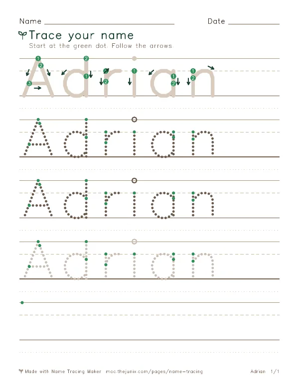 Page 1 of the Adrian name tracing worksheet: Adrian written six times in dotted letters on handwriting lines, with green start dots and numbered arrows on the first copy