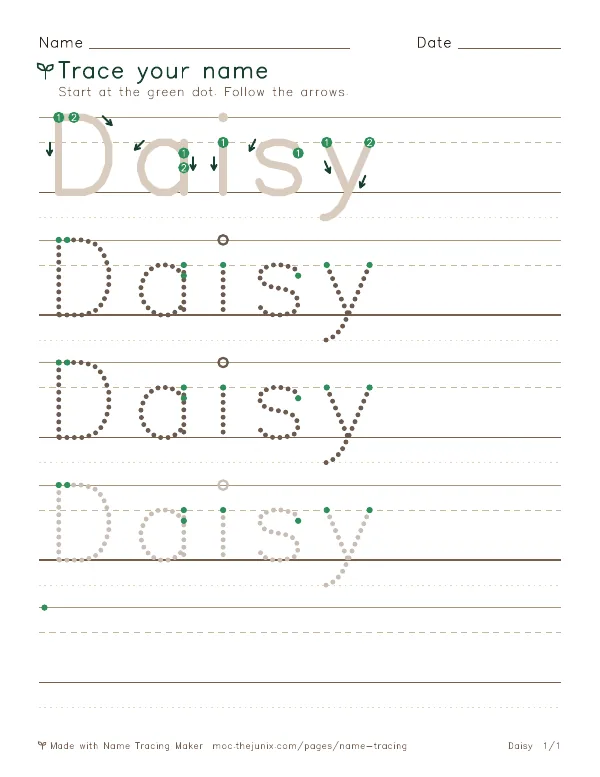 Page 1 of the Daisy name tracing worksheet: Daisy written six times in dotted letters on handwriting lines, with green start dots and numbered arrows on the first copy