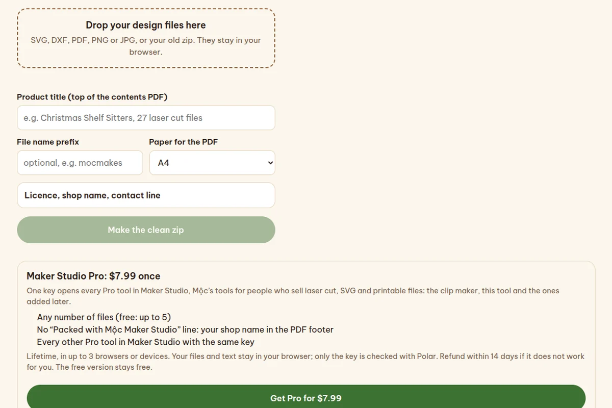 The clean packager form with a drop zone, product title, file prefix and paper size, and the Maker bundle box