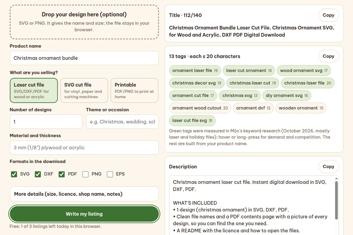The listing writer with a product form on the left and the generated title, 13 tags and description on the right