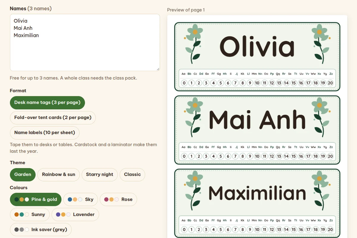 The name tags maker with three names pasted in and a preview page of three garden-themed desk name tags