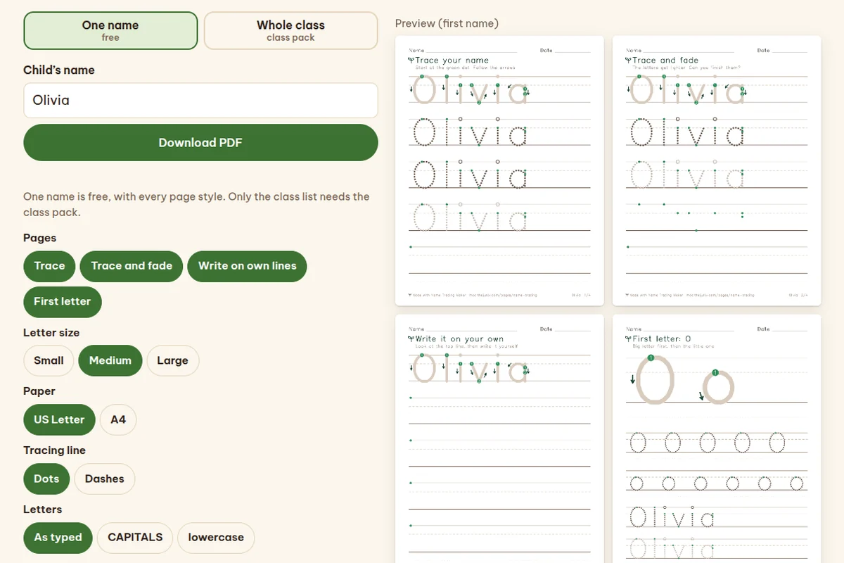 The name tracing maker with the name Olivia typed in and four preview pages of dotted tracing letters