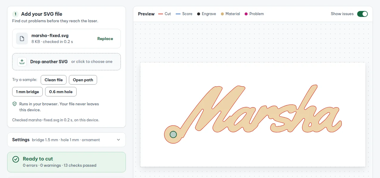 Laser SVG Checker result for the welded, thickened name: ready to cut, 0 errors, 13 checks passed