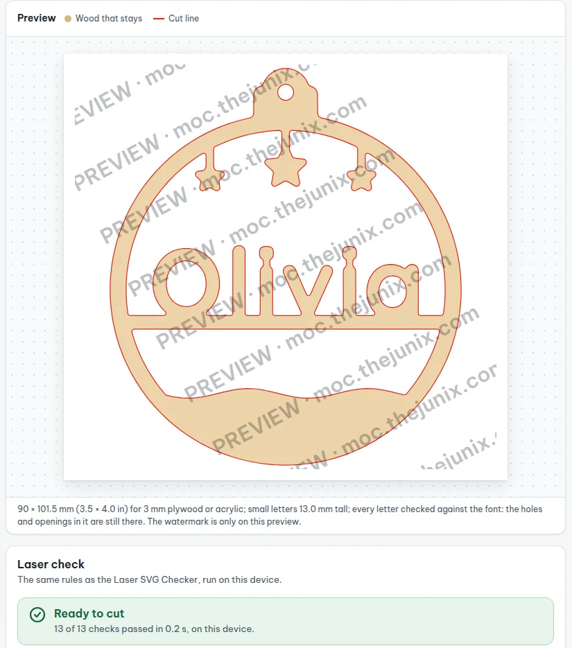 Name ornament preview for Olivia in a rounded font: the name stands on a bar across the bauble, i dots tied to the letters, laser check reports ready to cut