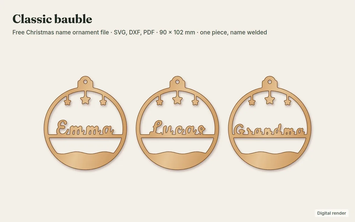 Classic bauble name ornament laser file with the name Emma, digital render